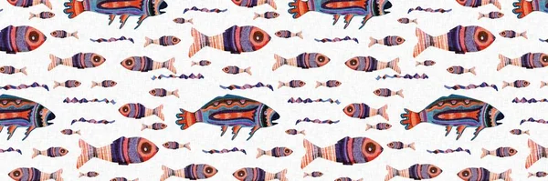 Colorful coastal seamless border with cute tropical fishes. Childish coral reef sealife fish banner. Playful summer beach edging fabric effect. Whimsical scandi fish riso endless trim. — Stock Photo, Image