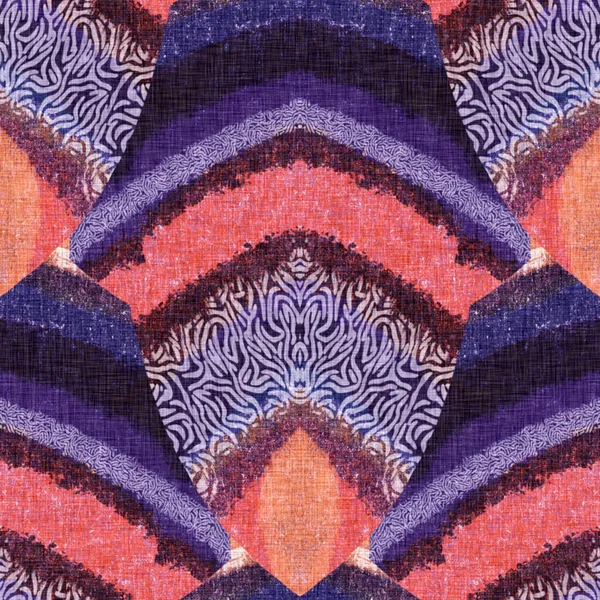 Kleurrijke retro caleidoscoop jaren zestig stijl patroon. Moderne vintage textiel achtergrond. Leuk funky geweven zeefdruk effect. Ingewikkelde symmetrie-effect voor de inrichting van allover design tegel. swatch — Stockfoto