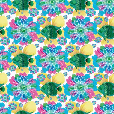  Denizin altında yüzen renkli sevimli çiçekli balıklar. Çocuksu ekran baskısı etkisi. Eğlenceli bir yaz plajı fantazisi. Tuhaf çiçek balığı riso suluboya kusursuz tasarım.