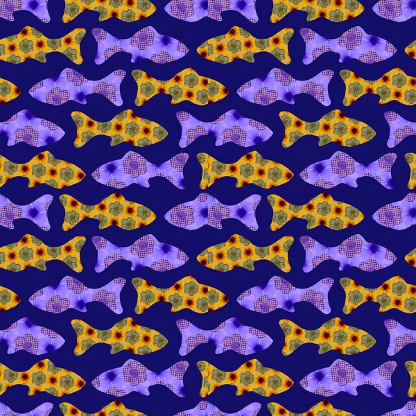 Coloré mignon floral sardine festival poisson motif sans couture. Aquarelle stylisée à motifs de fleurs effet poissons. Fond de fête alimentaire d'été ludique. Conception fantaisiste du festival gastronomique dessiné à la main à Lisbonne. — Photo