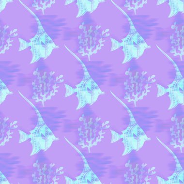 Ultraviyole yanardöner balık desenli arka plan. Modern dijital lavanta perisi denizin altında balık dokusu. Tropikal sakin sahil sağlığı her yerde..