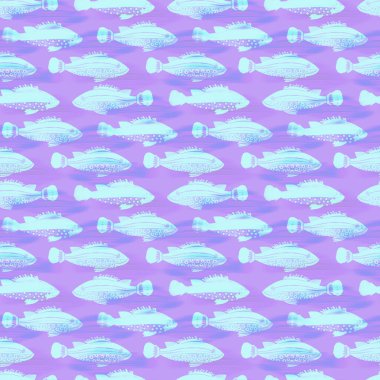 Ultraviyole yanardöner balık desenli arka plan. Modern dijital lavanta perisi denizin altında balık dokusu. Tropikal sakin sahil sağlığı her yerde..