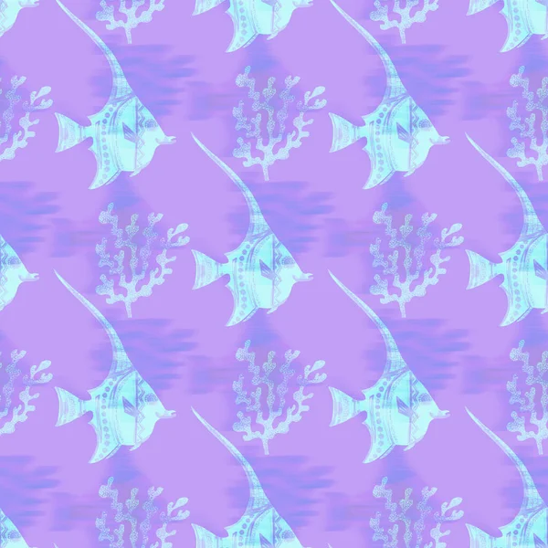Fondo de patrón de peces iridiscentes ultravioleta. Lavanda digital moderna peri púrpura bajo la textura de los peces de mar. Tropical calm coastal wellness por todas partes imprimir. —  Fotos de Stock