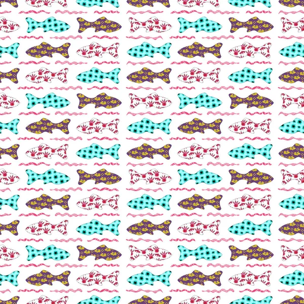 Colorful cute floral sardine festival fish seamless pattern. Stylised watercolor flower patterned fishes effect. Playful summer food party background. Whimsical Lisbon hand drawn food festival design. — Stock Photo, Image