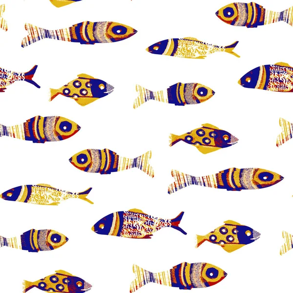 특허를 받은 꽃 정어리 축제에서 물고기들은 솔기없는 무늬를 가지고 있었다. 화려 한 수채화가 앤서니 파티 피시 효과. 여름 음식 배경. Whimsical 리스본 손으로 뽑은 음식 축제 고립된 디자인. — 스톡 사진