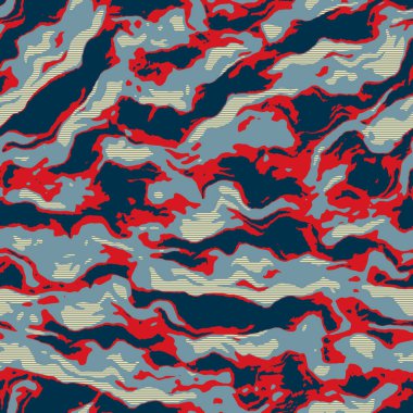 Klasik deniz mavisi, kırmızı, sarı, dikişsiz doku. Modern retro-yüzme modadan izler giyer. Memphis tarzı maskülen grunge soyut arka plan. Yüksek kaliteli jpg kumaşı.