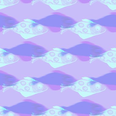 Ultraviyole yanardöner balık desenli arka plan. Modern dijital lavanta perisi denizin altında balık dokusu. Tropikal sakin sahil sağlığı her yerde..