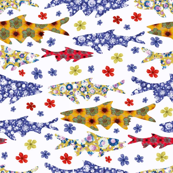 Patterned floral sardine festival fish seamless pattern. Stylised watercolor st Anthony party flower fishes effect. Summer food background. Whimsical Lisbon hand drawn food festival isolated design. — Stock Photo, Image