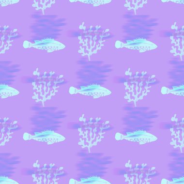 Ultraviyole yanardöner balık desenli arka plan. Modern dijital lavanta perisi denizin altında balık dokusu. Tropikal sakin sahil sağlığı her yerde..