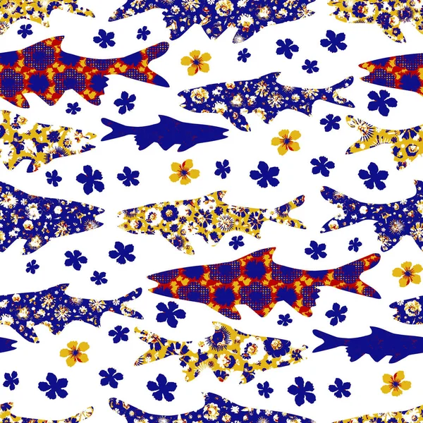 Patterned floral sardine festival poisson motif sans couture. Aquarelle stylisée st Anthony fête fleur poissons effet. Fond alimentaire d'été. Whimsical Lisbonne dessin à la main festival de la nourriture design isolé. — Photo