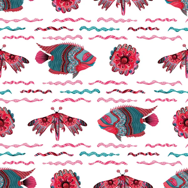 Poisson floral mignon coloré sous l'eau tropicale de baignade de mer. Effet sérigraphie enfant. Été ludique plage fantaisie fond. Poisson fleur fantaisiste riso aquarelle design sans couture. — Photo