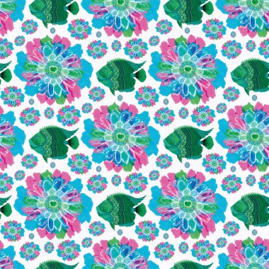  Denizin altında yüzen renkli sevimli çiçekli balıklar. Çocuksu ekran baskısı etkisi. Eğlenceli bir yaz plajı fantazisi. Tuhaf çiçek balığı riso suluboya kusursuz tasarım.