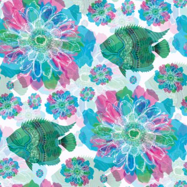  Denizin altında yüzen renkli sevimli çiçekli balıklar. Çocuksu ekran baskısı etkisi. Eğlenceli bir yaz plajı fantazisi. Tuhaf çiçek balığı riso suluboya kusursuz tasarım.