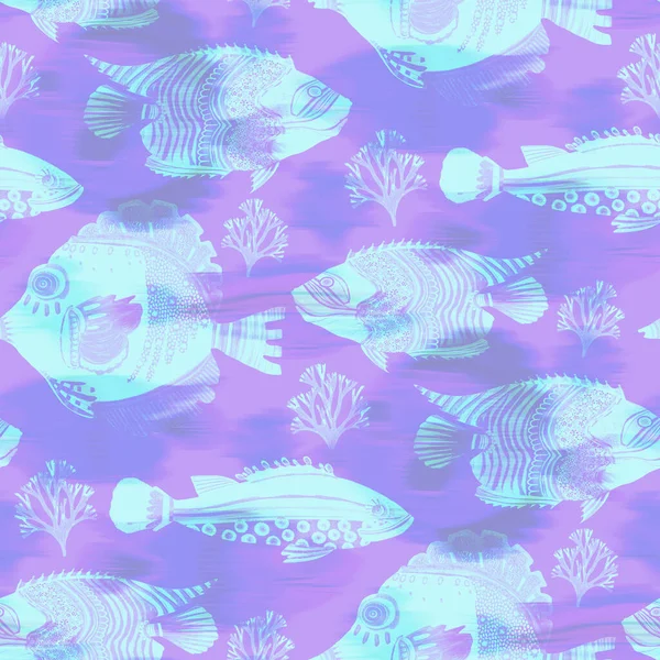 Fondo de patrón de peces iridiscentes ultravioleta. Lavanda digital moderna peri púrpura bajo la textura de los peces de mar. Tropical calm coastal wellness por todas partes imprimir. — Foto de Stock