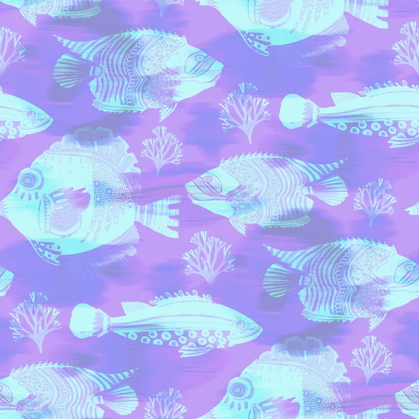 Ultraviolet iridescent fish pattern background. Modern digital lavender peri purple under the sea fishes texture. Tropical calm coastal wellness all over print. — Stock Photo, Image