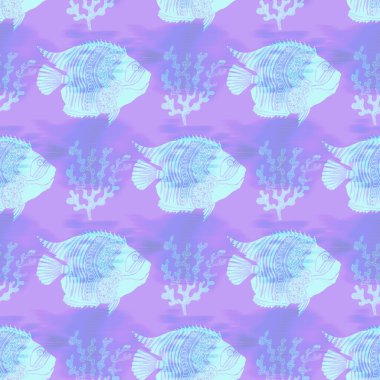 Ultraviyole yanardöner balık desenli arka plan. Modern dijital lavanta perisi denizin altında balık dokusu. Tropikal sakin sahil sağlığı her yerde..