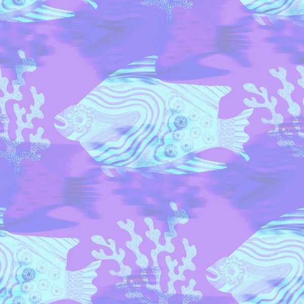 Υπέρυθρο ιριδίζον φόντο μοτίβο ψαριών. Μοντέρνο ψηφιακό μωβ λεβάντα κάτω από τη θάλασσα ψαρεύει υφή. Τροπική ηρεμία παράκτια ευεξία σε όλη την εκτύπωση. — Φωτογραφία Αρχείου
