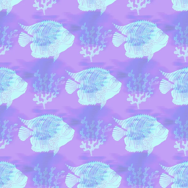 Ultraviolett skimrande fisk mönster bakgrund. Modern digital lavendel peri lila under havet fiskar konsistens. Tropiskt lugn kustnära wellness över hela tryck. — Stockfoto
