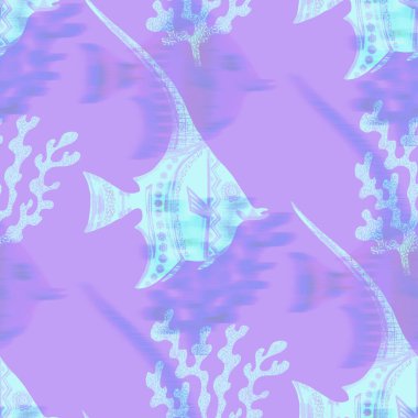Ultraviyole yanardöner balık desenli arka plan. Modern dijital lavanta perisi denizin altında balık dokusu. Tropikal sakin sahil sağlığı her yerde..