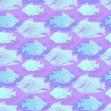 Ultraviyole yanardöner balık desenli arka plan. Modern dijital lavanta perisi denizin altında balık dokusu. Tropikal sakin sahil sağlığı her yerde..