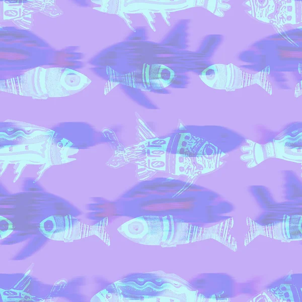 紫外線虹彩魚のパターンの背景。海の魚のテクスチャの下に近代的なデジタルラベンダーパーリ紫。熱帯雨林｜print. — ストック写真