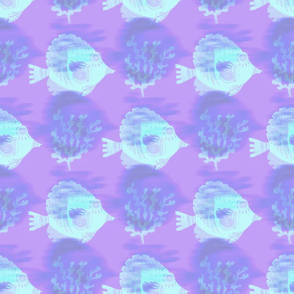 紫外線虹彩魚のパターンの背景。海の魚のテクスチャの下に近代的なデジタルラベンダーパーリ紫。熱帯雨林｜print. — ストック写真