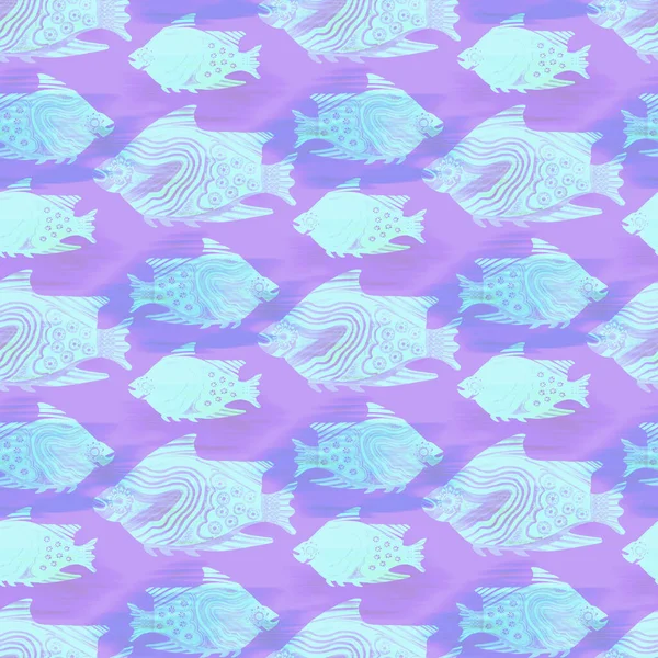 Fondo de patrón de peces iridiscentes ultravioleta. Lavanda digital moderna peri púrpura bajo la textura de los peces de mar. Tropical calm coastal wellness por todas partes imprimir. — Foto de Stock