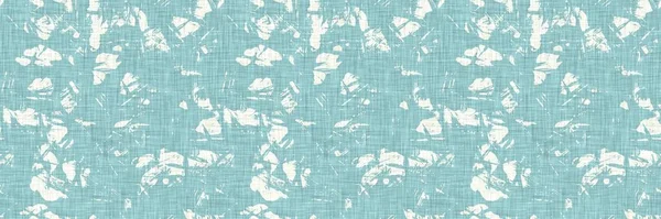 Aegean teal mottled border strip linen texture background. Summer coastal living style home decor fabric effect. Sea green wash grunge edge material. Decorative textile seamless pattern banner. — Stock Photo, Image