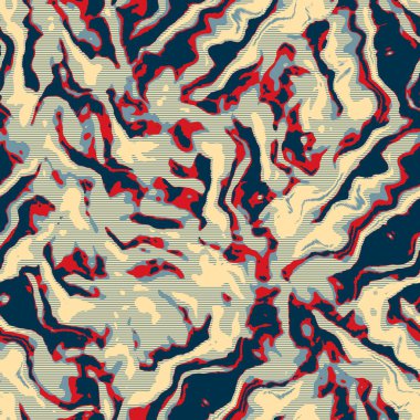 Klasik deniz mavisi, kırmızı, sarı, dikişsiz doku. Modern retro-yüzme modadan izler giyer. Memphis tarzı maskülen grunge soyut arka plan. Yüksek kaliteli jpg kumaşı.