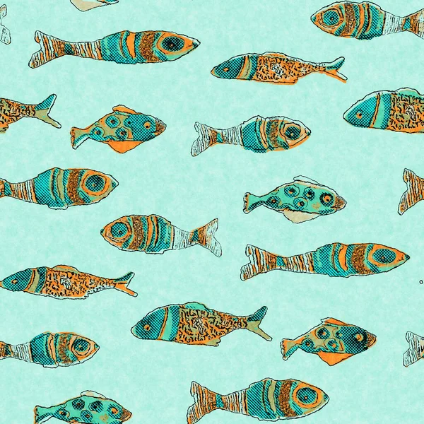Coral teal shoal of fish linen wash nautical background. Summer coastal style fabric swatches. Under the sea life tropical fishes material. 2 tone green reef dyed textile seamless pattern. — Stock Photo, Image