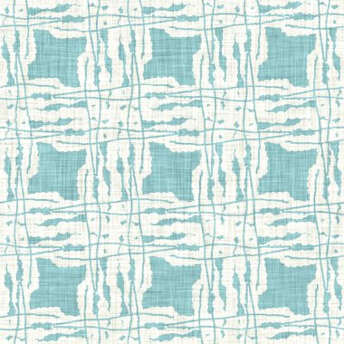 Ege teal geo ızgarası desenli keten doku arka planı. Yaz mevsiminde yaşam stili yıkama kontrol kumaşı etkisi. Deniz yeşili yıkama grunge sıkıntılı geometrik ızgara. Ev dekorasyonu tekniksiz desen