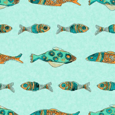 Balık keten mercan sürüsü deniz altyapısını yıkar. Yaz sahili kumaş örnekleri. Deniz altında tropikal balıklar malzemelerle beslenir. 2 tonluk yeşil resif boyalı tekstil dikişsiz desen.