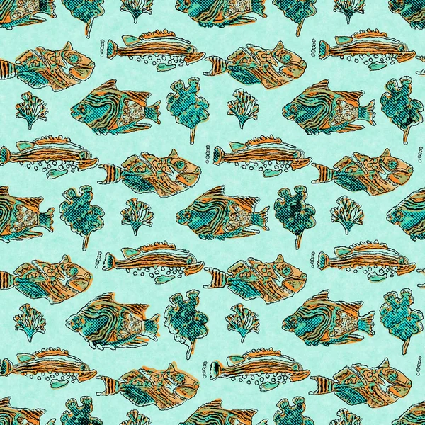 Коралловый бирюзовый косяк из рыбного льняного белья на морском фоне. Летние образцы ткани в прибрежном стиле. Под морем растёт материал тропических рыб. 2-тонный зеленый риф окрашенный текстильной бесшовной картины. — стоковое фото