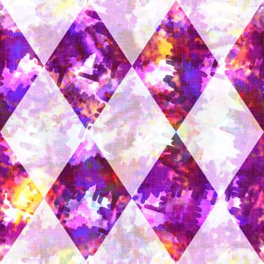 Elmas damalı yaz kravatlı batik plaj desenli. Kusursuz lekeli palyaço kontrol alanı boyalı efekt moda. Yıkanmış yorgan yaması yumuşak döşeme arka planı. 