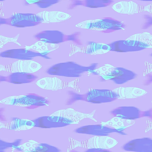 Fondo de patrón de peces iridiscentes ultravioleta. Lavanda digital moderna peri púrpura bajo la textura de los peces de mar. Tropical calm coastal wellness por todas partes imprimir. — Foto de Stock