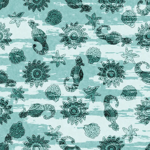Aegean teal shoal of fish linen wash nautical background. Summer coastal style fabric swatches. Under the sea life swimming tropical fishes material. 2 tone blue dyed textile seamless pattern. — Stock Photo, Image