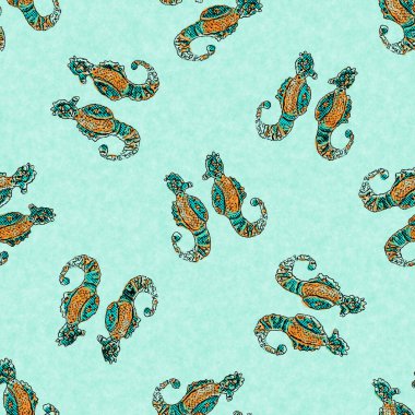 Mercan yeşili deniz atı keteni deniz altyapısını yıkar. Yaz sahili kumaş örnekleri. Deniz altında tropikal balıklar malzemelerle beslenir. 2 tonluk yeşil resif boyalı tekstil dikişsiz desen.