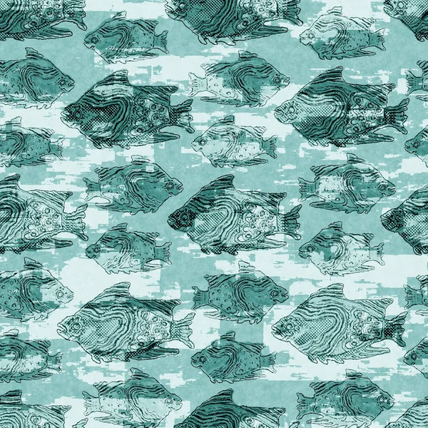 Aegean teal shoal of fish linen wash nautical background. Summer coastal style fabric swatches. Under the sea life swimming tropical fishes material. 2 tone blue dyed textile seamless pattern. — Stock Photo, Image