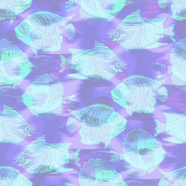 보라색을 띤 물고기의 패턴이다. 현대 디지털 라벤더 페이 보라색 바다 물고기 질감 밑에 있습니다. 인쇄되어 있는 열 대의 평온 한 해변의 건강. — 스톡 사진