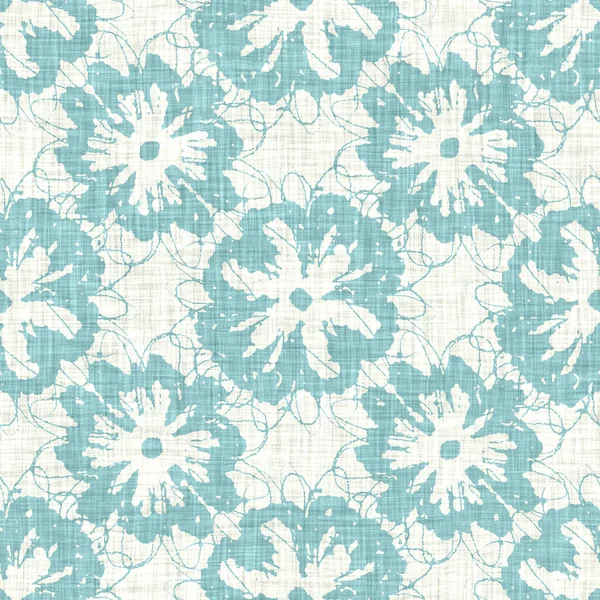 Aegean teal moteado flor lino textura fondo. Estilo de vida costera de verano efecto de tela de 2 tonos. Mar verde lavar material grunge angustiado. Motivo floral decorativo textil patrón sin costuras —  Fotos de Stock