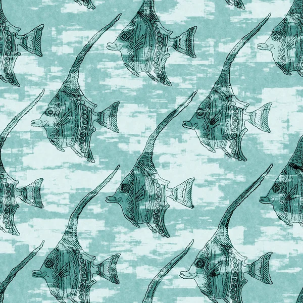 Egeanmeren sinivihreä kalaparvi pesee merenkulkutaustaa. Kesällä rannikko tyyli kangas swatches. Meren alla elämä uinti trooppisia kaloja materiaalia. 2 sävy sininen värjätty tekstiili saumaton kuvio. — kuvapankkivalokuva