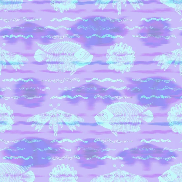 Ultraviolette iriserende vis patroon achtergrond. Moderne digitale lavendel peri paars onder de zee vissen textuur. Tropische kalme kust wellness overal print. — Stockfoto
