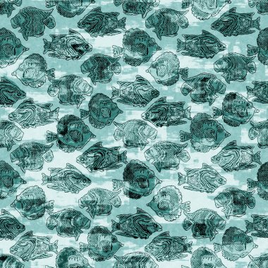 Ege deniz mavisi balık örtüsü sürüsü deniz altyapısını yıkar. Yaz sahili kumaş örnekleri. Deniz altında tropikal balıklar yüzer. 2 tonluk mavi boyalı tekstil dikişsiz desen.