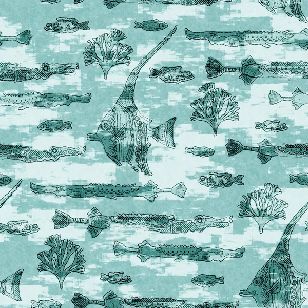 Ägäis Krickente Schwarm von Fischwäsche waschen nautischen Hintergrund. Stoffmuster im Sommer an der Küste. Unter dem Meeresleben schwimmen tropische Fische. 2 Ton blau gefärbte Textil nahtlose Muster. — Stockfoto