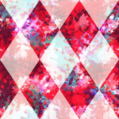 Elmas damalı yaz kravatlı batik plaj desenli. Kusursuz lekeli palyaço kontrol alanı boyalı efekt moda. Yıkanmış yorgan yaması yumuşak döşeme arka planı. 