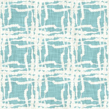 Ege teal geo ızgarası desenli keten doku arka planı. Yaz mevsiminde yaşam stili yıkama kontrol kumaşı etkisi. Deniz yeşili yıkama grunge sıkıntılı geometrik ızgara. Ev dekorasyonu tekniksiz desen