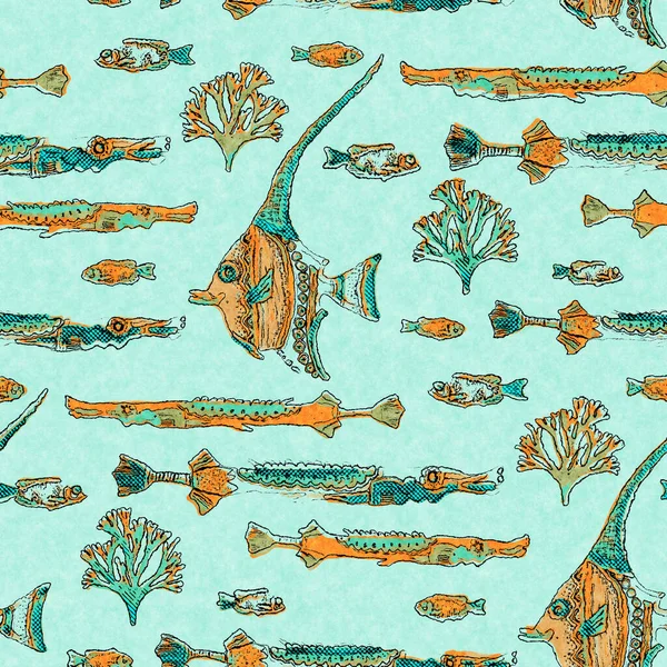 Banc de sarcelle de corail de lin de poisson laver fond nautique. Échantillons de tissu de style côtier d'été. Sous la vie marine poissons tropicaux matière. motif sans couture textile teint récif vert 2 tons. — Photo