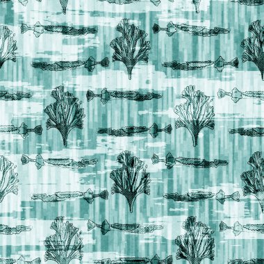 Ege deniz mavisi balık örtüsü sürüsü deniz altyapısını yıkar. Yaz sahili kumaş örnekleri. Deniz altında tropikal balıklar yüzer. 2 tonluk mavi boyalı tekstil dikişsiz desen.