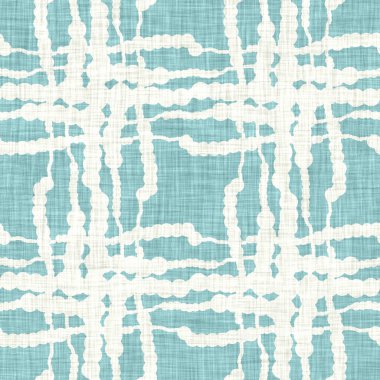 Ege teal geo ızgarası desenli keten doku arka planı. Yaz mevsiminde yaşam stili yıkama kontrol kumaşı etkisi. Deniz yeşili yıkama grunge sıkıntılı geometrik ızgara. Ev dekorasyonu tekniksiz desen