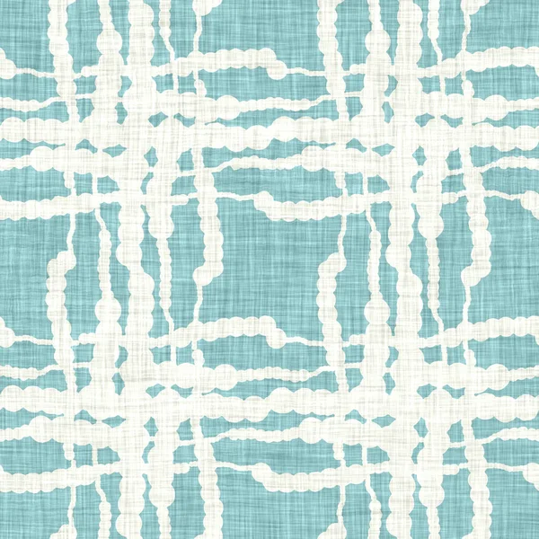 Ege teal geo ızgarası desenli keten doku arka planı. Yaz mevsiminde yaşam stili yıkama kontrol kumaşı etkisi. Deniz yeşili yıkama grunge sıkıntılı geometrik ızgara. Ev dekorasyonu tekniksiz desen